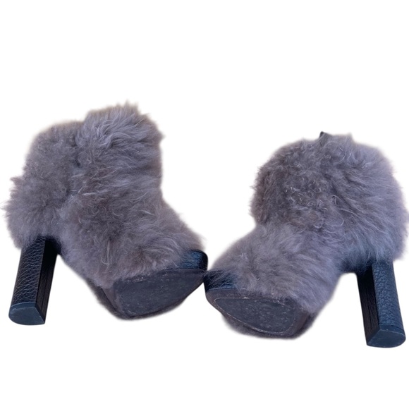 BRUNELLO CUCINELLI | ´Bordeaux’ Brown Leather Peep Toe Slip Bootie Gray Fur 37.5 - Picture 12 of 13